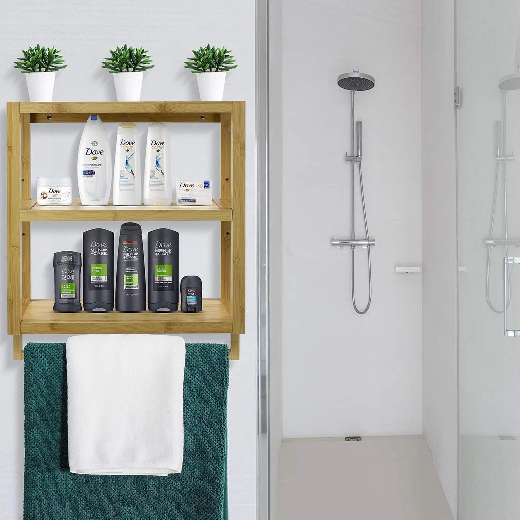 Bamboo Finish 3-Tier Wall-Mounted Bathroom Organizer with Towel Rack E37929