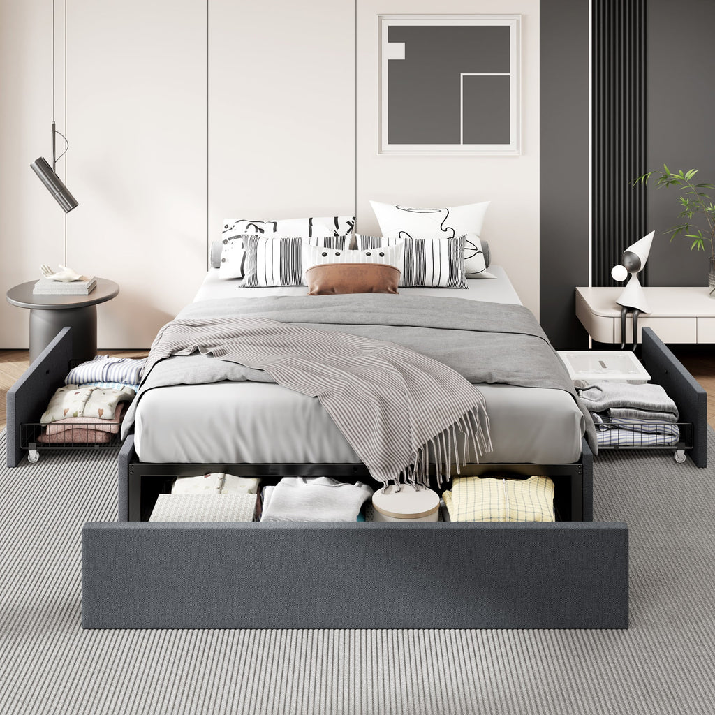 Dark Grey Full Size Platform Bed Frame with 3 Storage Drawers Q354