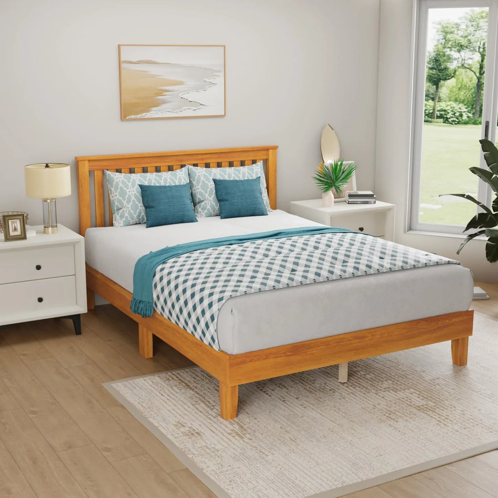 Natural Twin Wood Platform Bed Frame with Headboard Z318176