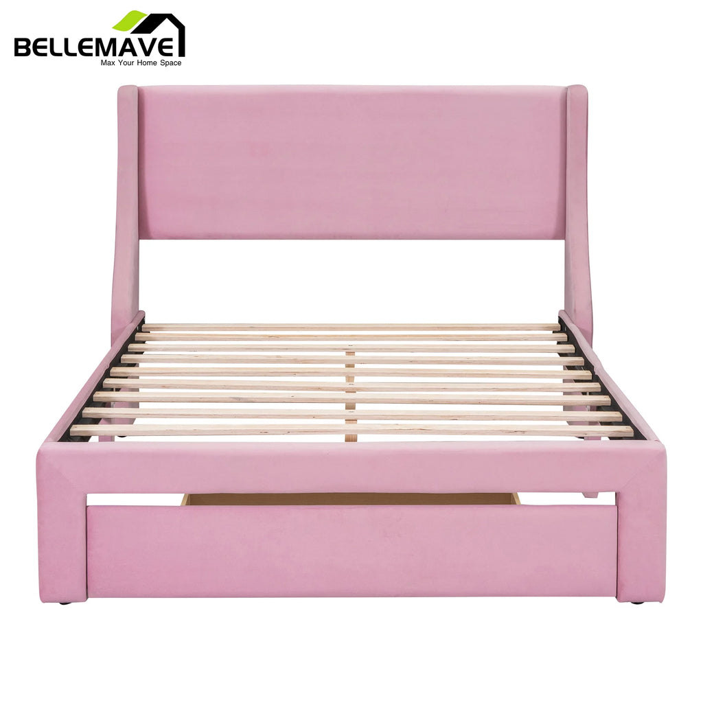 Full Size Pink Velvet Upholstered Platform Bed with Drawer N48613