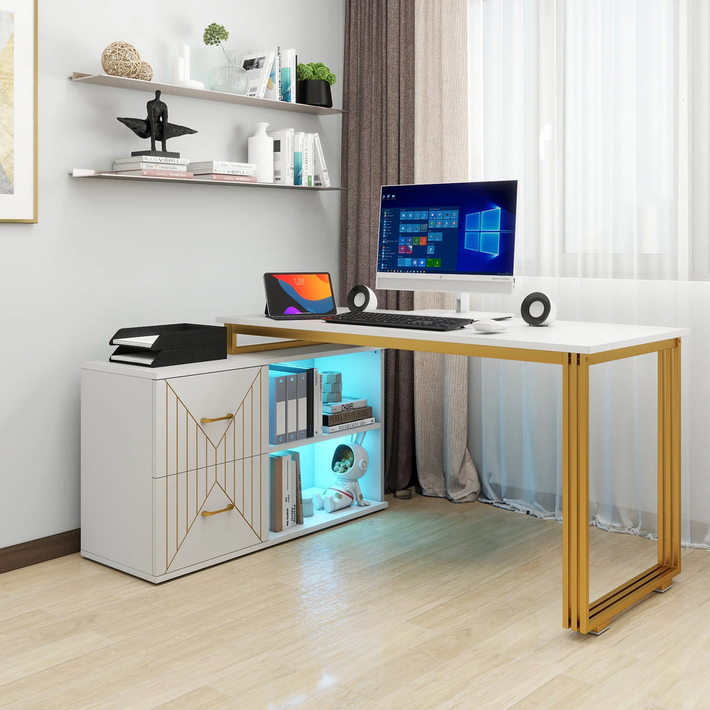 White 55 Inch L Shaped Corner Desk with Drawers and Storage Shelves M7408