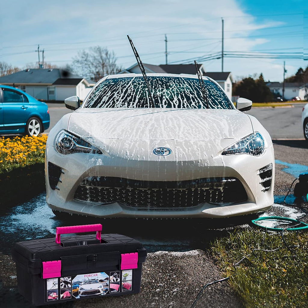 29Pcs Car Cleaning Kit Wash Tools Set with Long Handle Brush Mop, Extendable Pole, Wash Mitt, Towels, Storage Box, Pink V53439