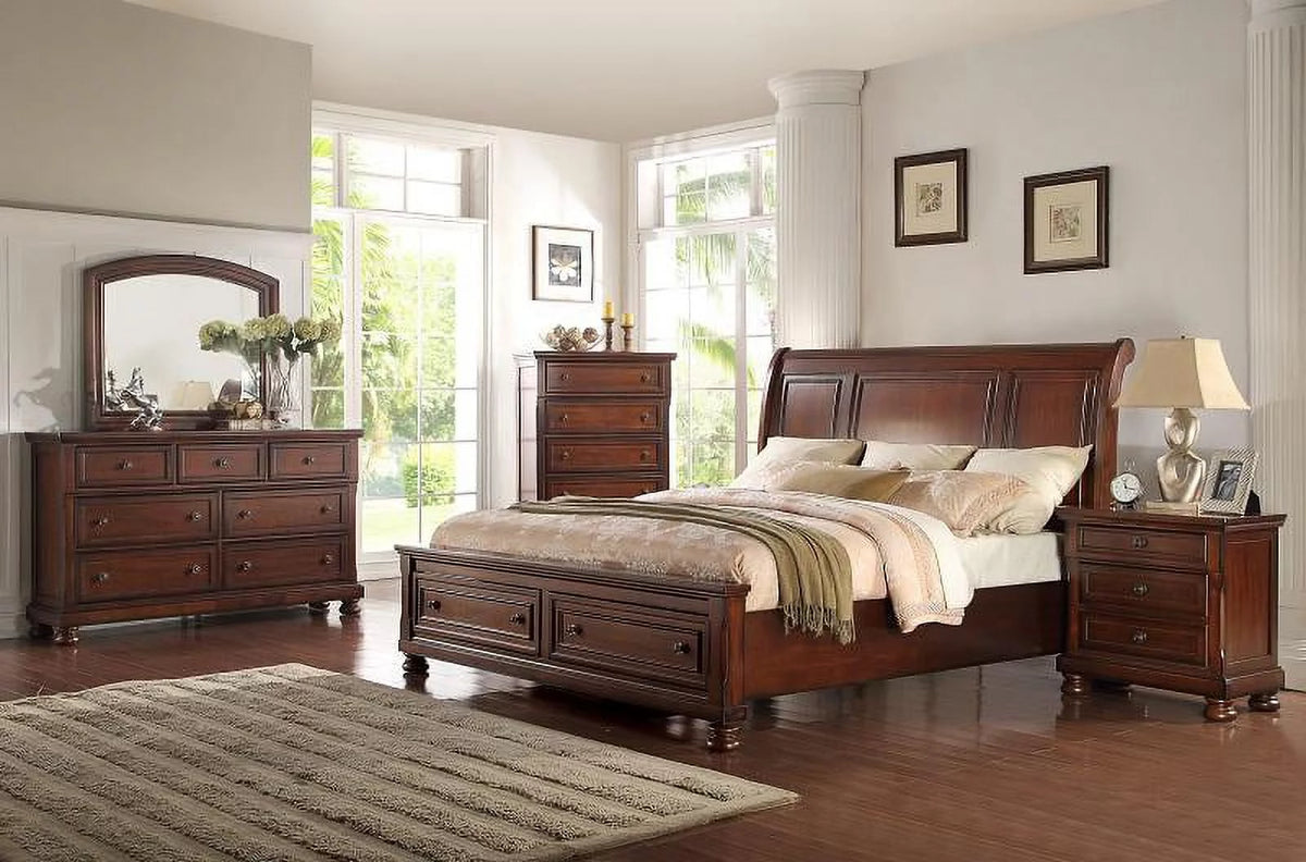 Cherry Wood Finish Eastern King Platform Bedroom Set 5Pcs J624