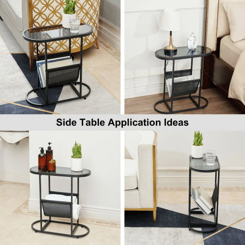 Oval Glass Side Tables with Magazine Organizer J49635
