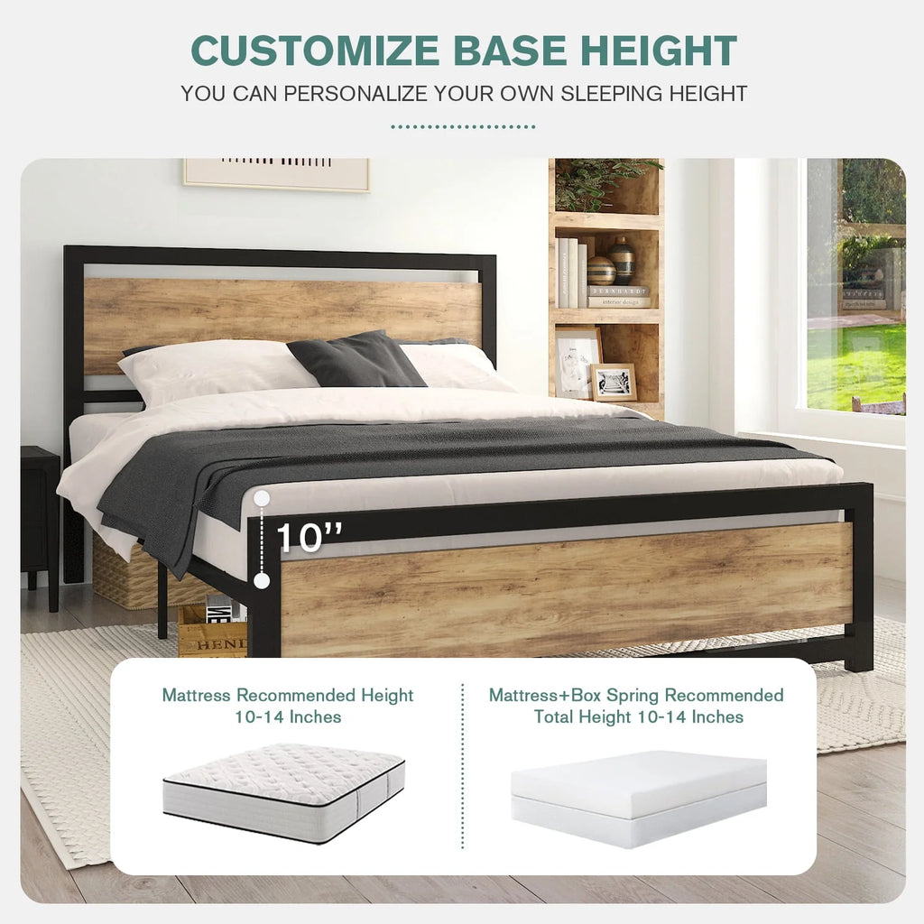 Queen Size Metal Platform Bed Frame with Wooden Headboard & Footboard U7603