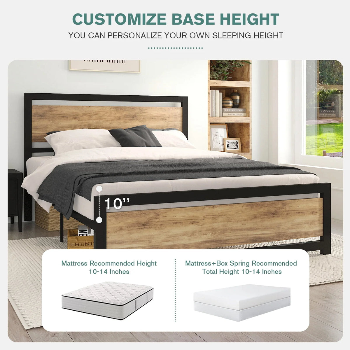 Queen Size Metal Platform Bed Frame with Wooden Headboard & Footboard U7603