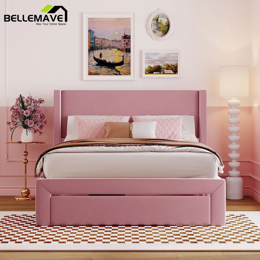 Full Size Pink Velvet Upholstered Platform Bed with Drawer N48613