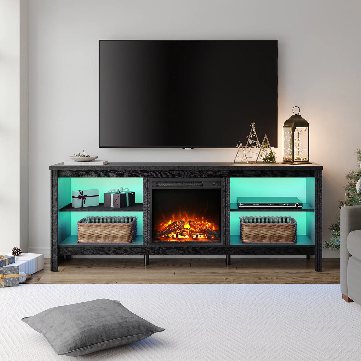 Black Wood Fireplace TV Stand with LED Lights C609883