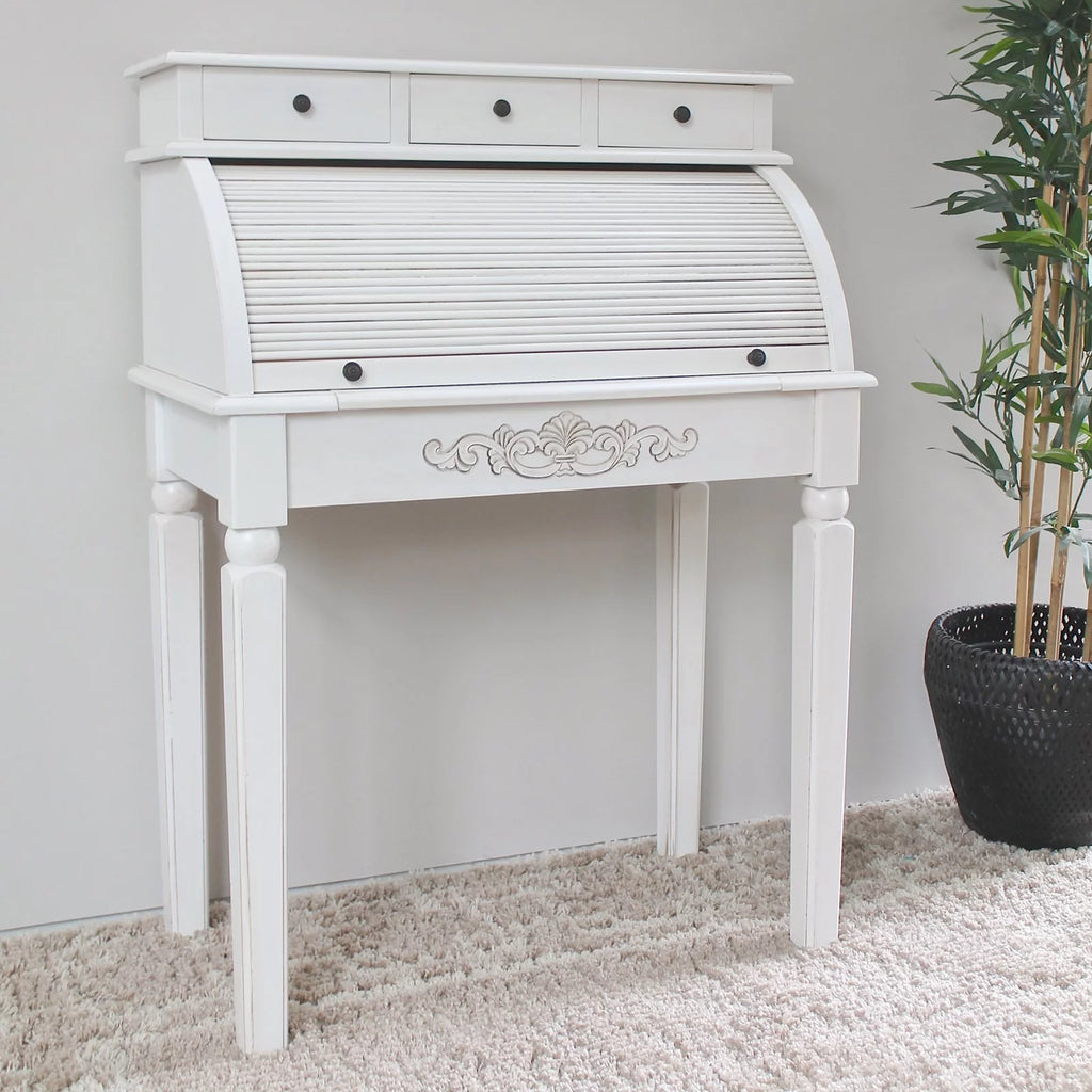 Antique White Hand-Carved 3-Drawer Roll Top Desk P706299