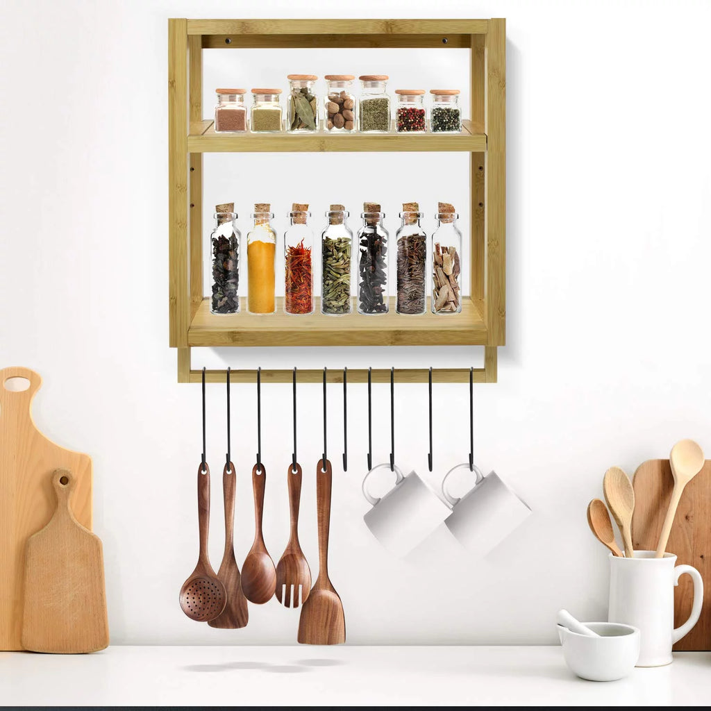 Bamboo Finish 3-Tier Wall-Mounted Bathroom Organizer with Towel Rack E37929