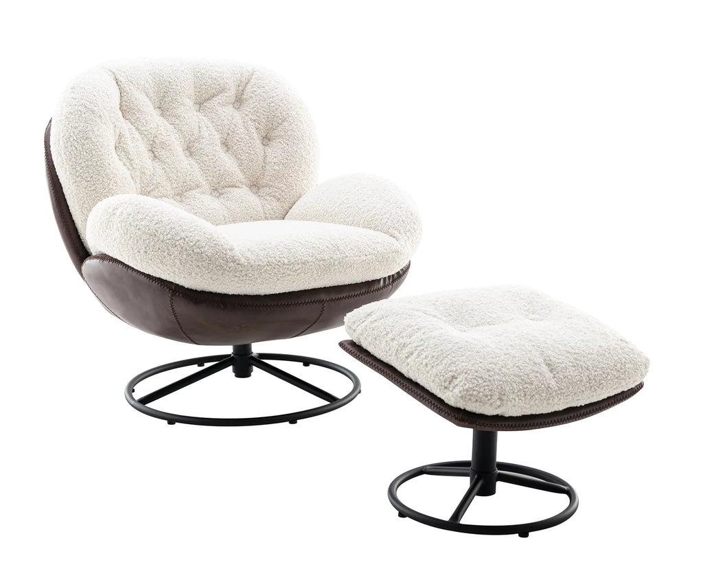 White Faux Fur Swivel Accent Chair with Ottoman P8130
