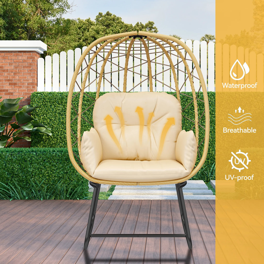 Beige Wicker Egg Chair with Stand and Cushion V4585