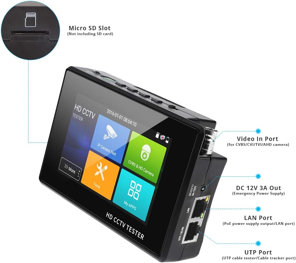 4 Inch Portable IP Camera Tester 4K H.265 CVBS CVI TVI AHD Analog with POE O14922