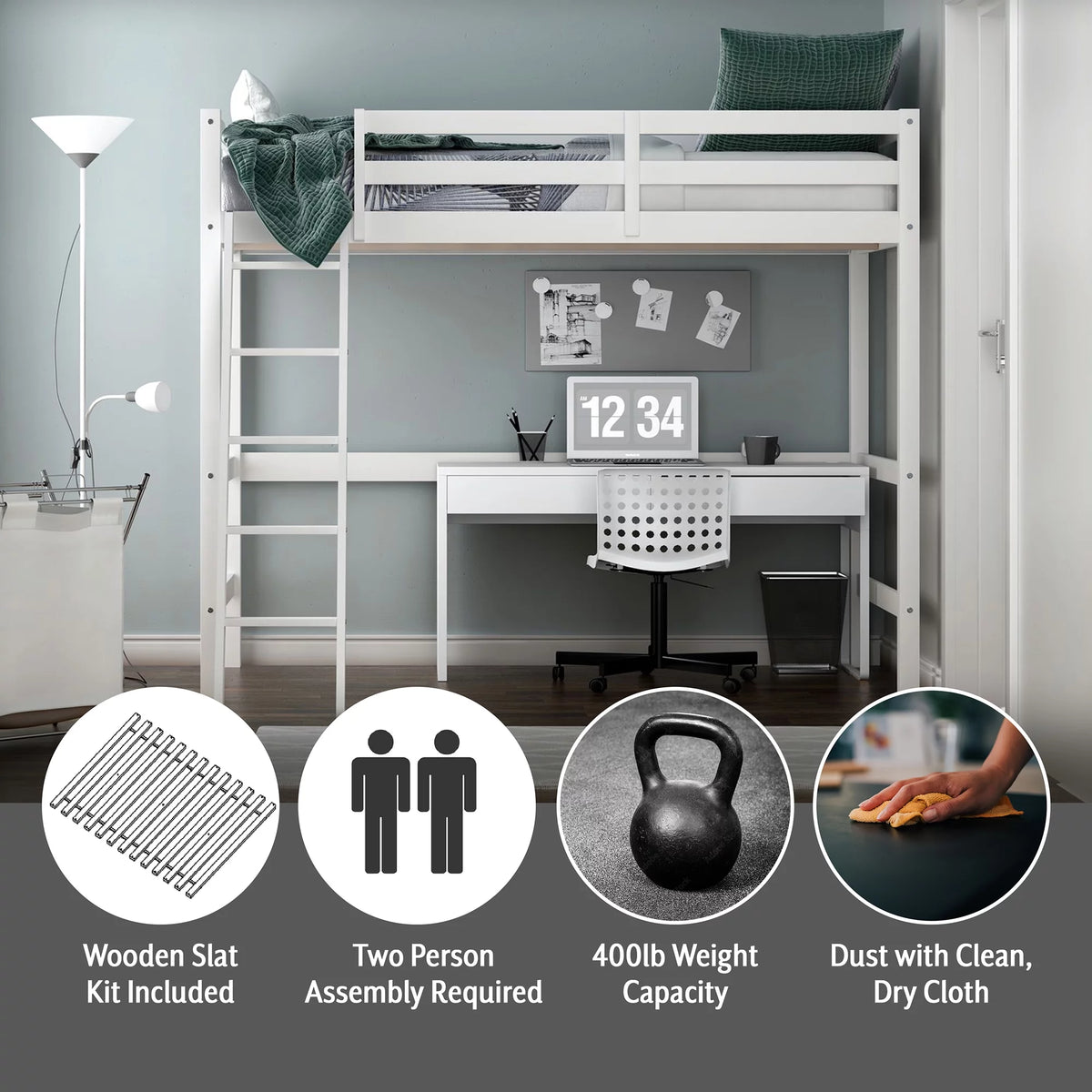 White Wood Full Loft Bunk Bed with Ladder A445