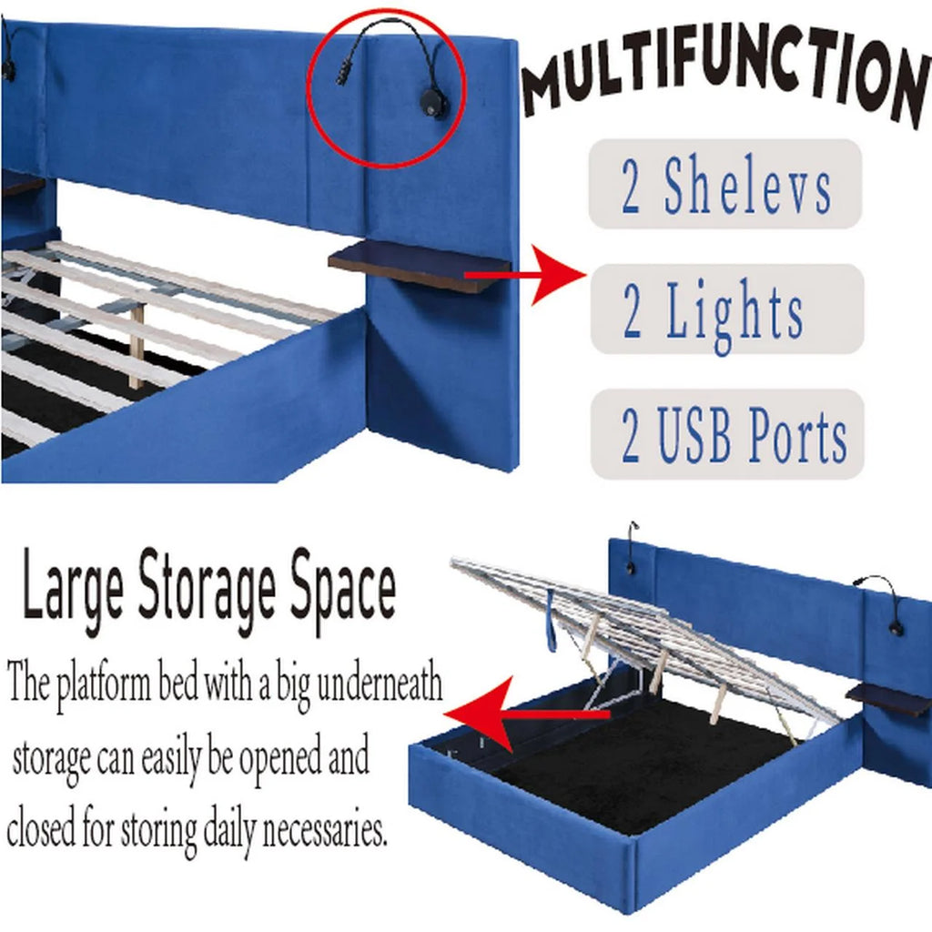 Full Size Upholstered Hydraulic Platform Bed with 2 Shelves, 2 Lights and 4 USB Ports, Blue L573637