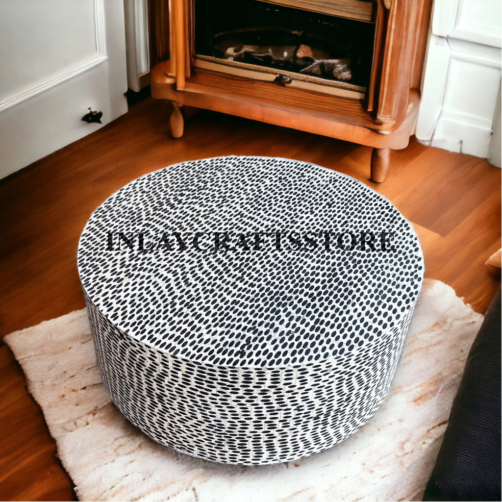 Bone Inlay Leopard Design Round Coffee Table Black P7508