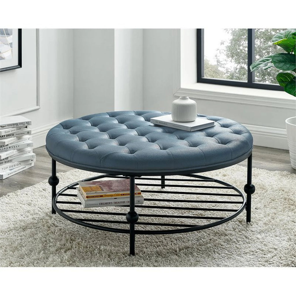 Blue Faux Leather Tufted Cocktail Ottoman G6090