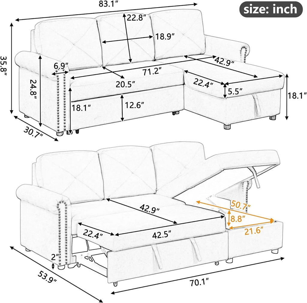 Beige L-Shape Convertible Sleeper Sofa Bed with Storage Chaise K225
