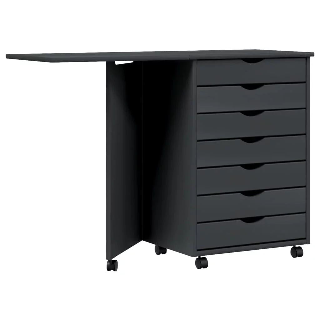 Rolling Cabinet with Desk, Foldable, Gray Solid Wood Pine F12836