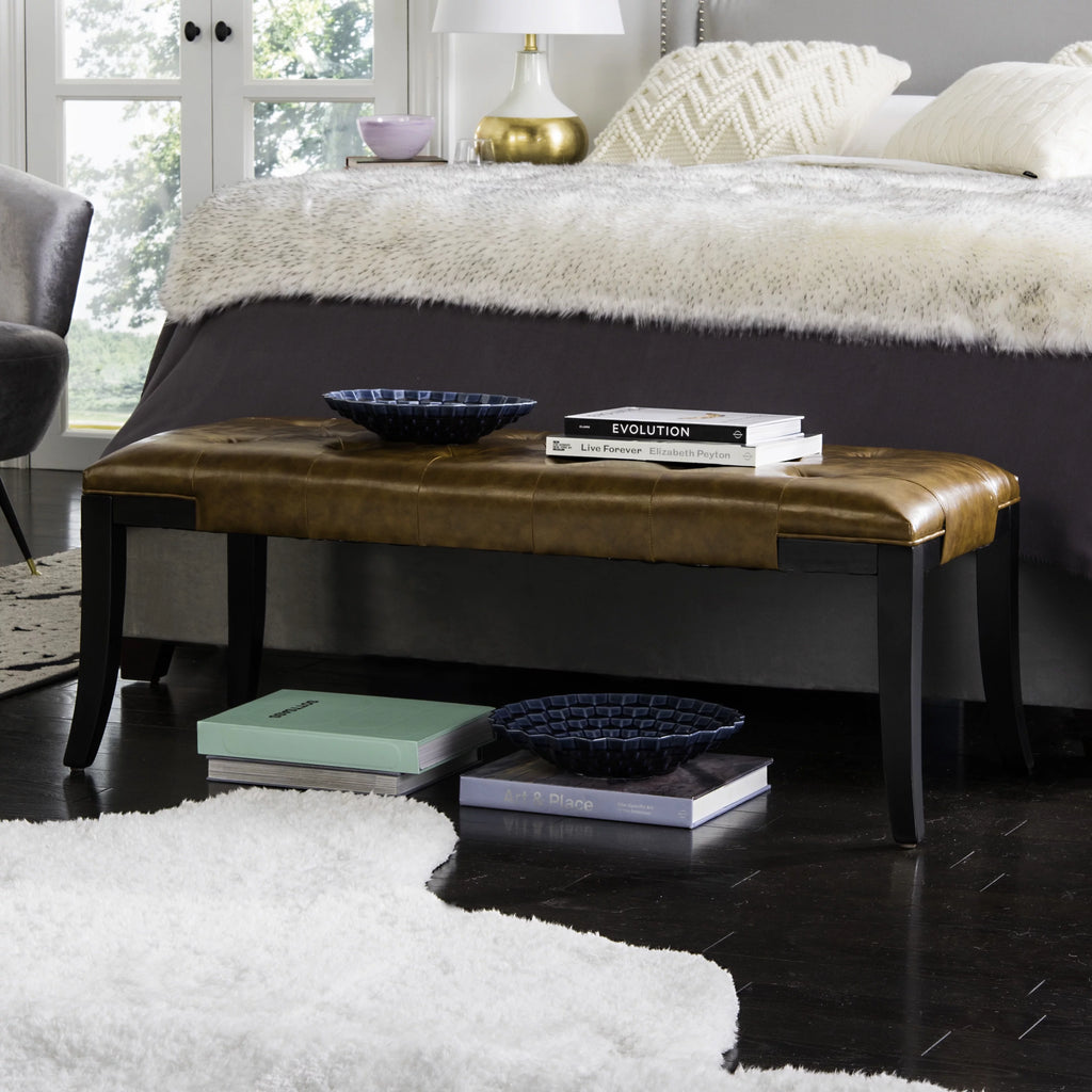 Rustic Curved Leather Tufted Bench V73333