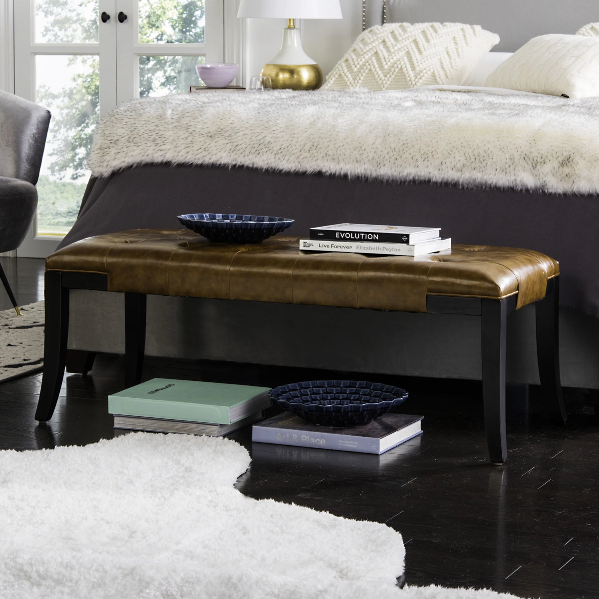 Rustic Curved Leather Tufted Bench V73333