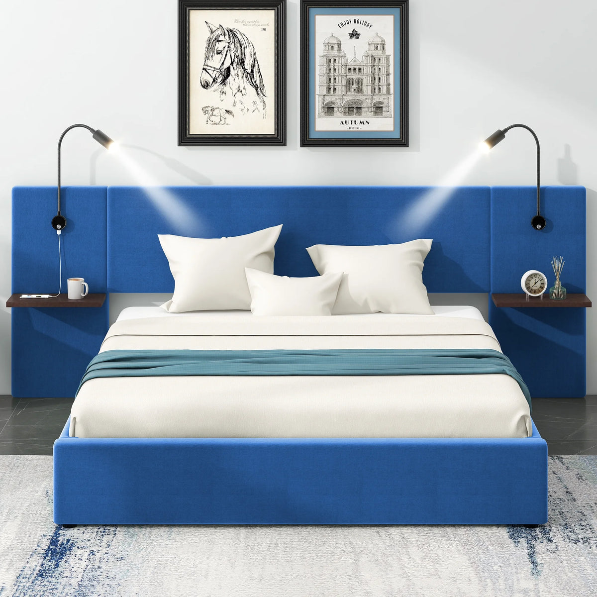 Full Size Upholstered Hydraulic Platform Bed with 2 Shelves, 2 Lights and 4 USB Ports, Blue L573637