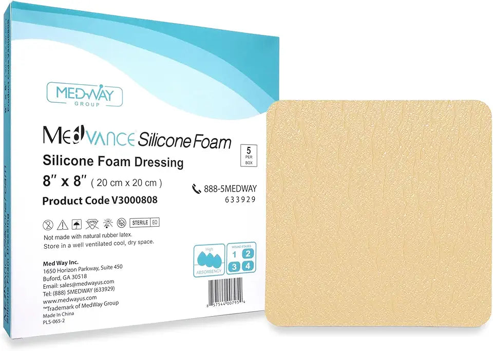 Silicone Adhesive Foam Absorbent Dressing 8"x8" Box of 5 P448