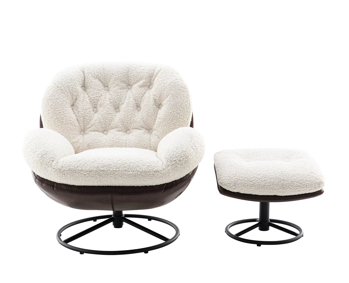 White Faux Fur Swivel Accent Chair with Ottoman P8130