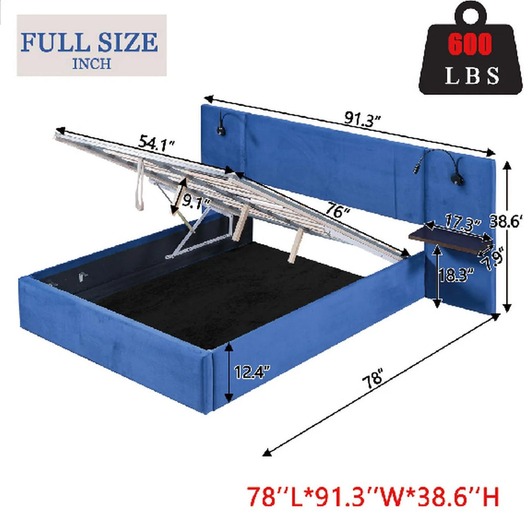 Full Size Upholstered Hydraulic Platform Bed with 2 Shelves, 2 Lights and 4 USB Ports, Blue L573637