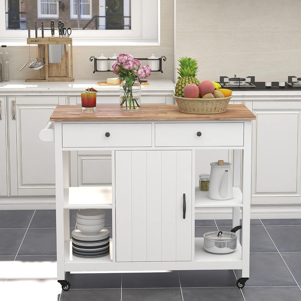 White Kitchen Cart on Wheels with Wood Top Q44433