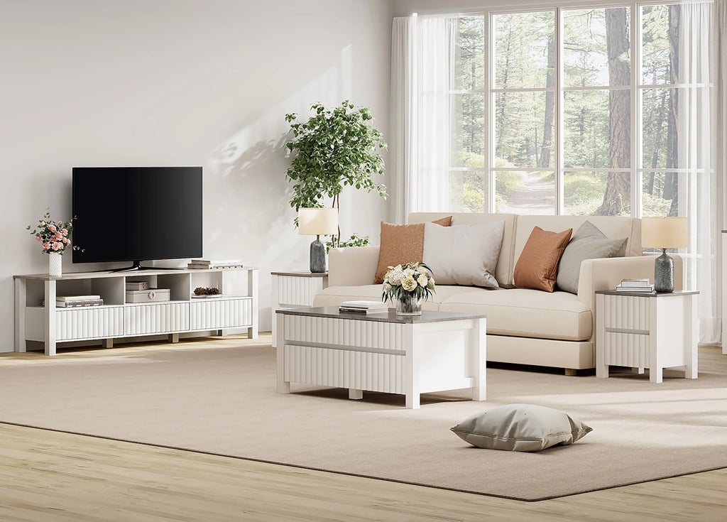 White 4 Piece Living Room Table Set with Storage Drawers and Charging Station W381676