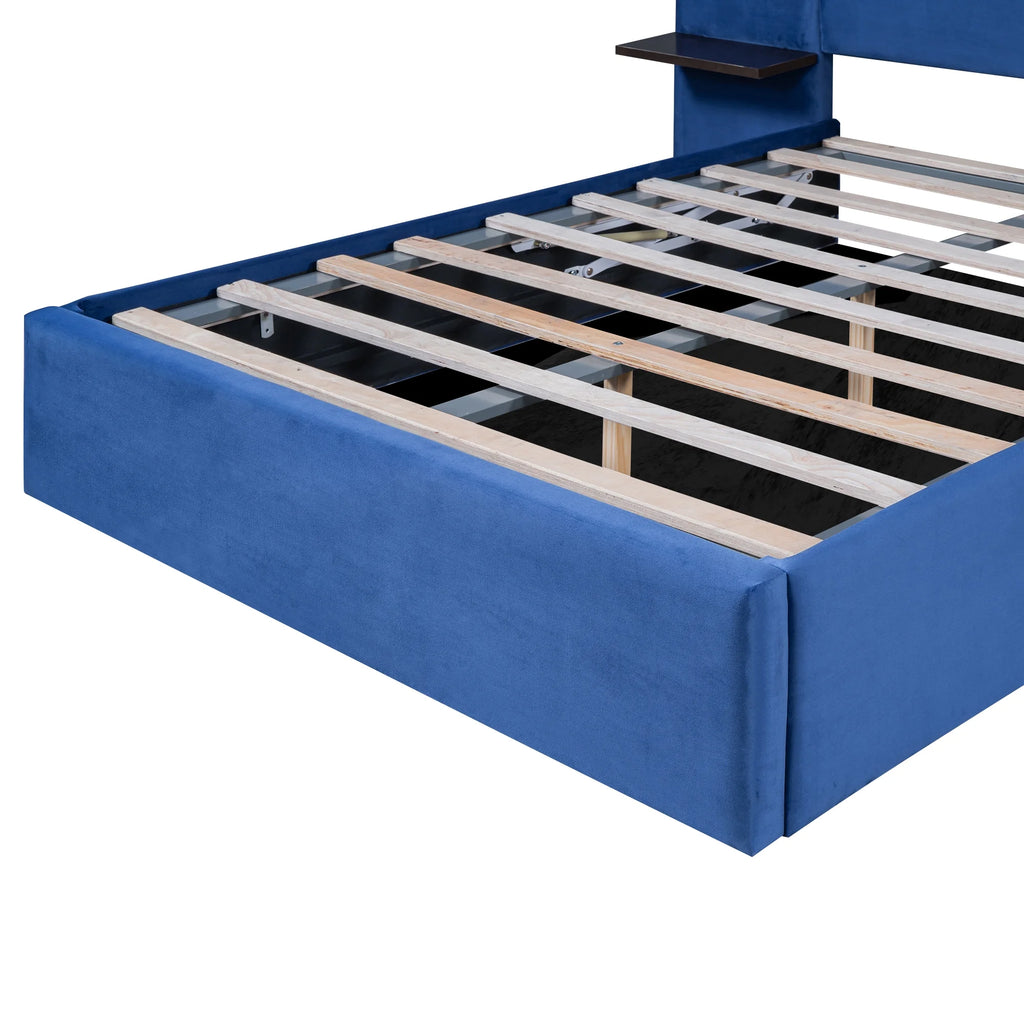 Full Size Upholstered Hydraulic Platform Bed with 2 Shelves, 2 Lights and 4 USB Ports, Blue L573637