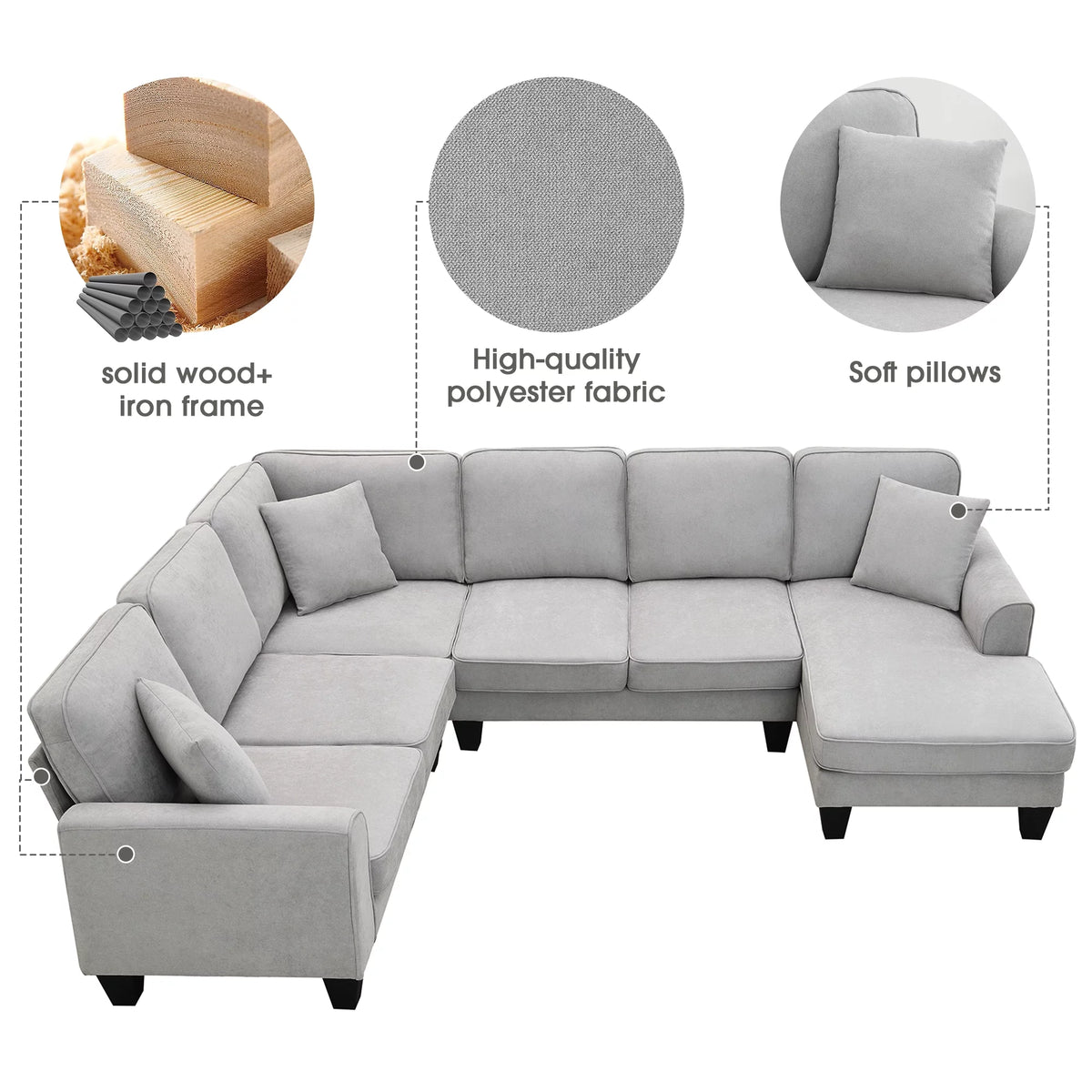 7 Seat Fabric U Shape Sectional Sofa with 3 Pillows G865825