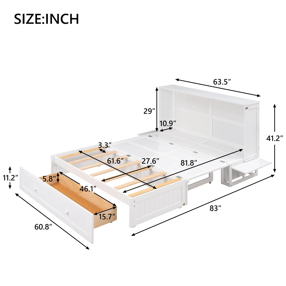 Queen Size Solid Wood Murphy Platform Bed with Drawer D20059