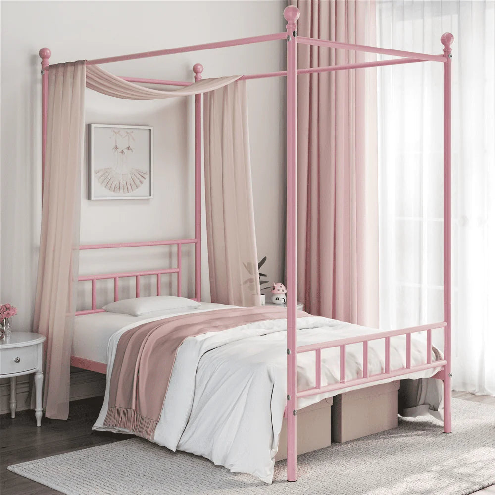 White Twin Metal Canopy Bed Frame with Headboard and Footboard X6661