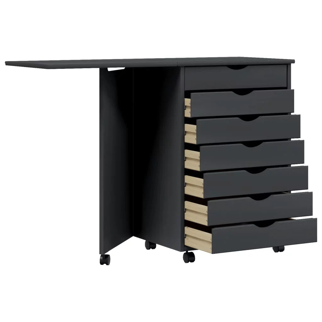 Rolling Cabinet with Desk, Foldable, Gray Solid Wood Pine F12836