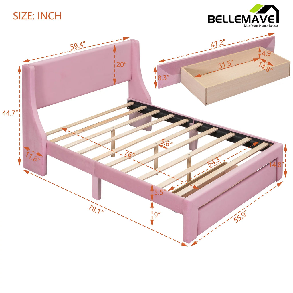 Full Size Pink Velvet Upholstered Platform Bed with Drawer N48613