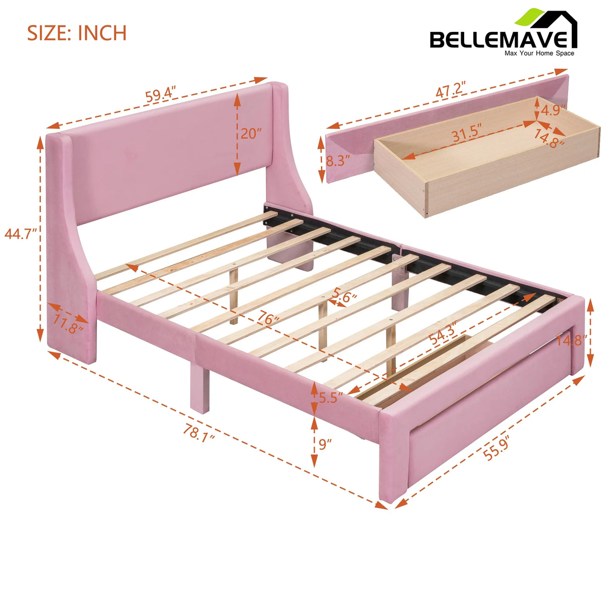 Full Size Pink Velvet Upholstered Platform Bed with Drawer N48613