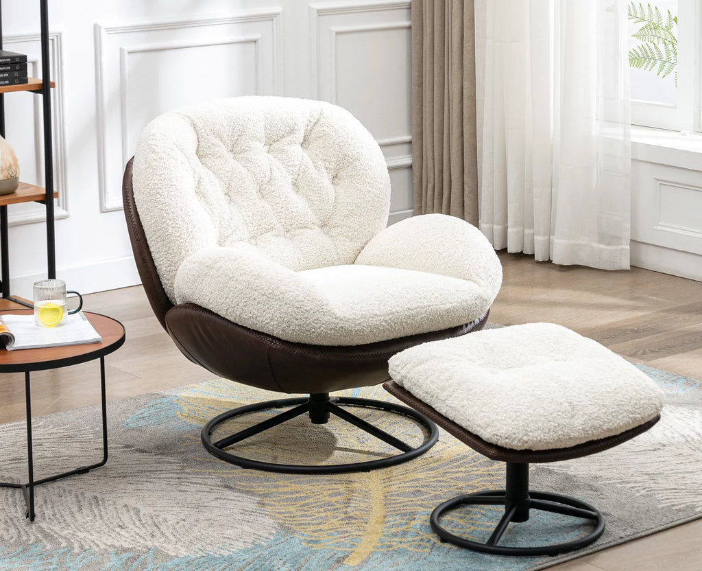 White Faux Fur Swivel Accent Chair with Ottoman P8130