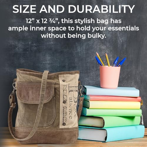 Upcycled Canvas Shoulder Bag with Adjustable Strap and Zip Closure I14671