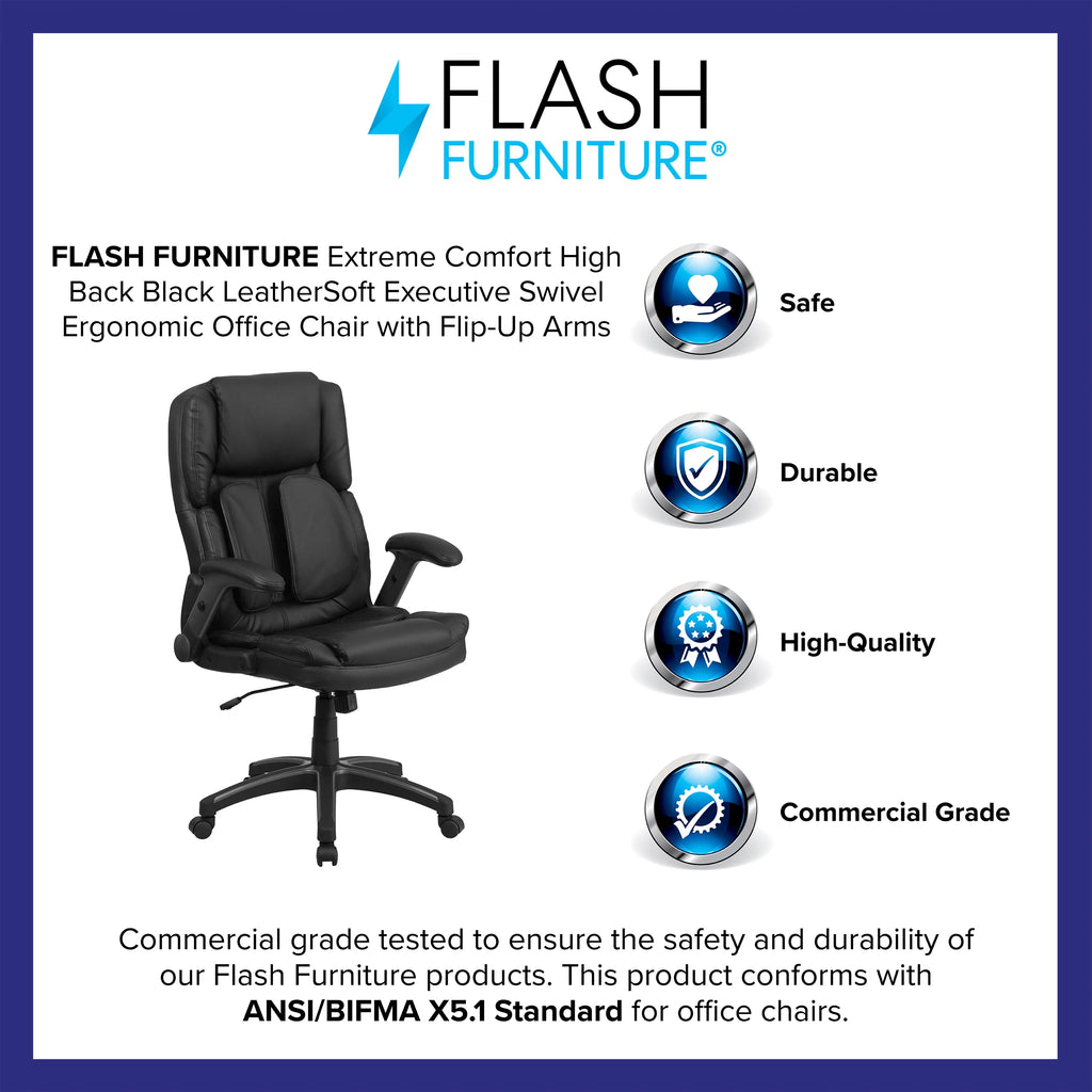Black LeatherSoft Executive Swivel Ergonomic Office Chair with Flip-Up Arms K358