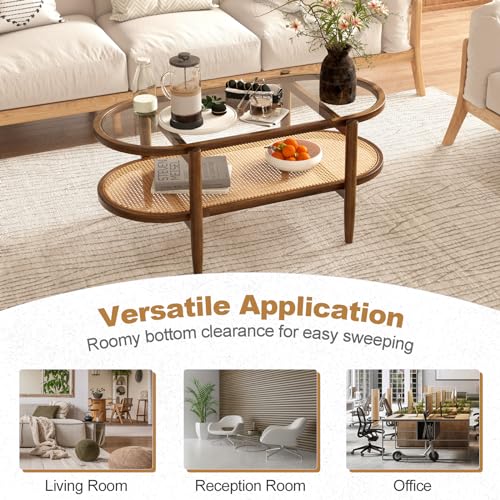 Black 2-Tier Oval Rattan Coffee Table with Tempered Glass F514294