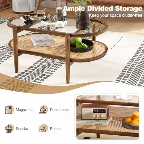 Black 2-Tier Oval Rattan Coffee Table with Tempered Glass F514294