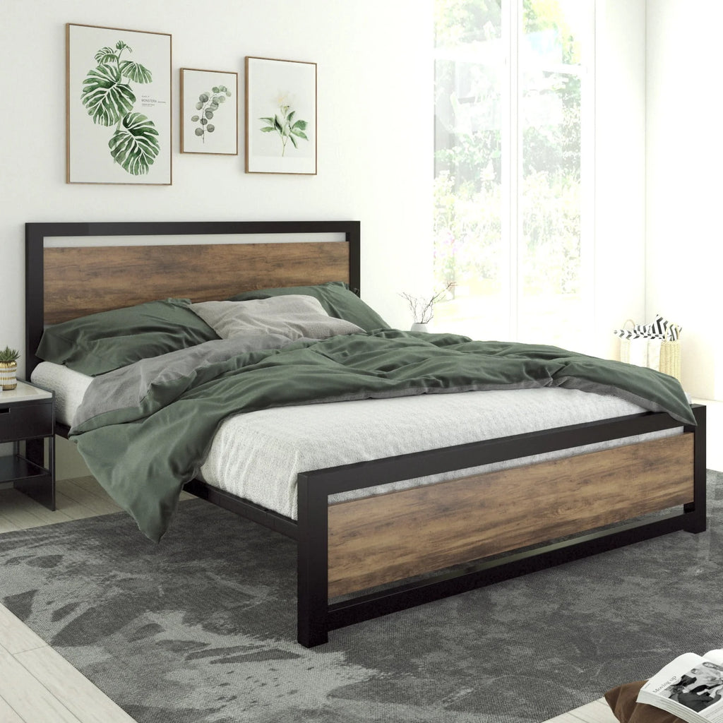 Queen Size Metal Platform Bed Frame with Wooden Headboard & Footboard U7603