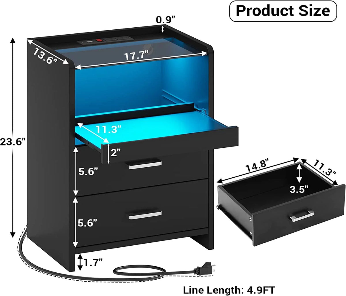 Black 2 Drawer Nightstand with Charging Station and LED Light D729