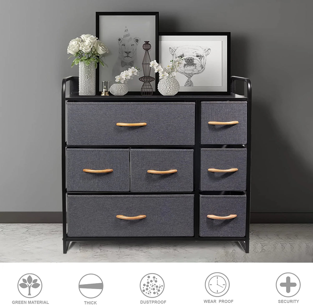 Fabric Storage Dresser with 7 Drawers, Metal Frame and Wooden Top, Dark Grey H3269