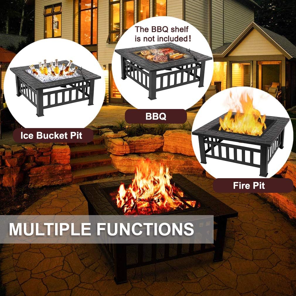 32'' Black Metal Square Wood Burning Fire Pit V485224