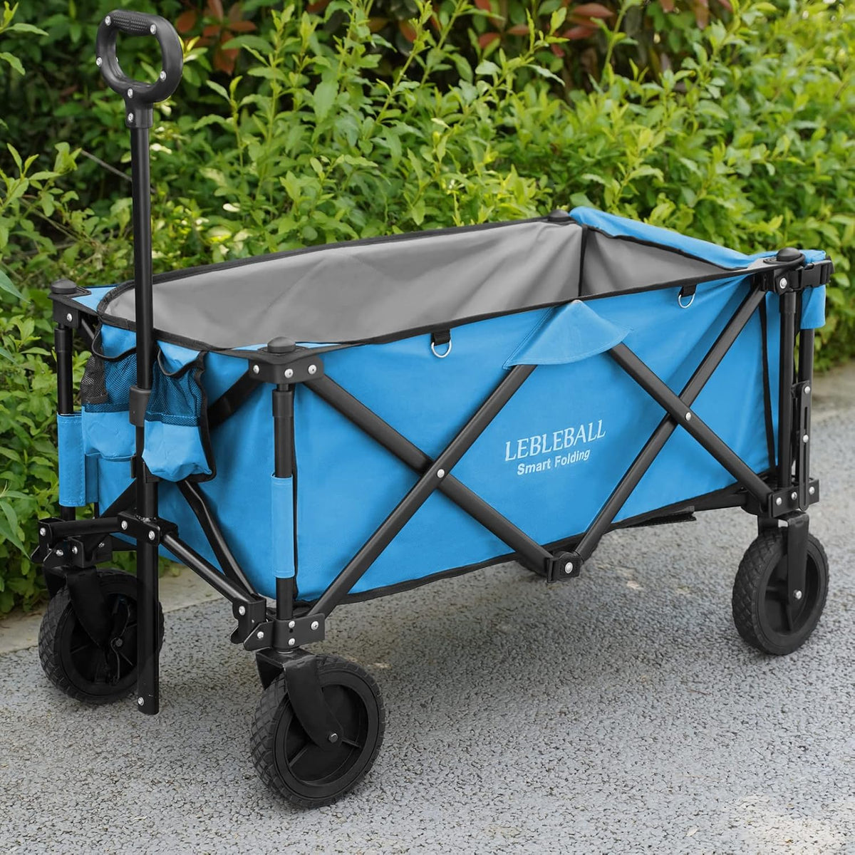 Folding Wagon Cart Collapsible Heavy Duty Large Capacity Utility All Terrain with 2 Cup Holders Big Wheels Brake Blue E570676