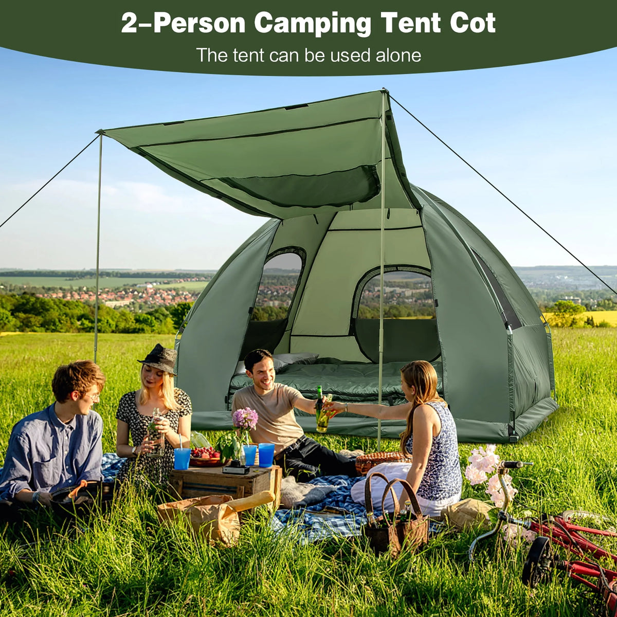 2-Person Pop-Up Tent Camping Cot with Air Mattress and Sleeping Bag J831