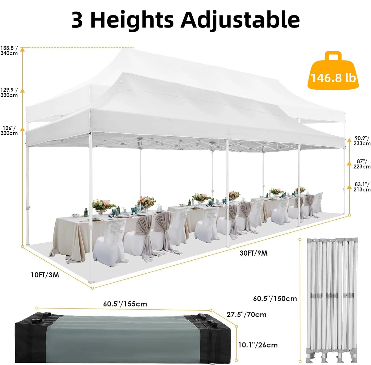 10'x30' Heavy Duty Waterproof Pop Up Canopy with 8 Removable Sidewalls, White M722